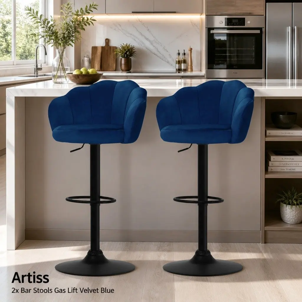 Bar Stools Gas Lift Velvet Blue Clam Shell Design 360 Swivel Adjustable Height