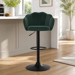 Bar Stools Set of 4 Gas Lift Swivel Clam Shell Design Green Velvet Seats