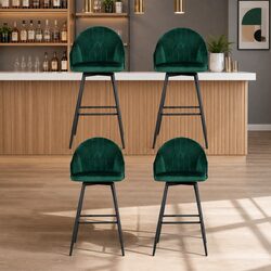 Bar Stools Set of 4 Swivel Velvet Green Metal Legs Padded Seat Back Design