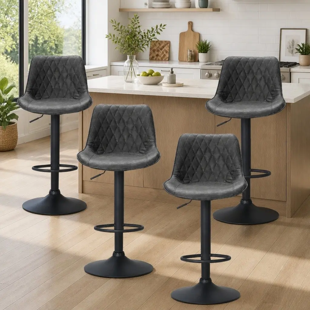 Bar Stools Set of 4 Gas Lift Swivel Vintage Leather Black Kitchen Dining