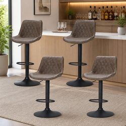 Bar Stools Gas Lift Vintage Brown Set of 4 Swivel Height Adjustable Leather Seat