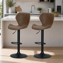 Bar Stools Kitchen Counter Swivel Gas Lift Vintage Brown Chairs x2 Adjustable