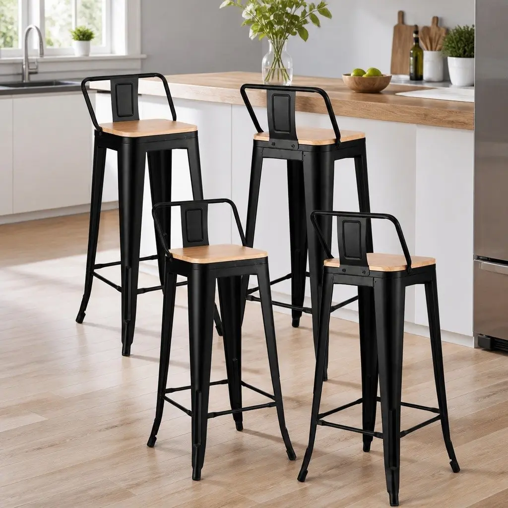 Bar Stools Set of 4 Kitchen Counter High Chair Dining Stackable Metal Pine Black
