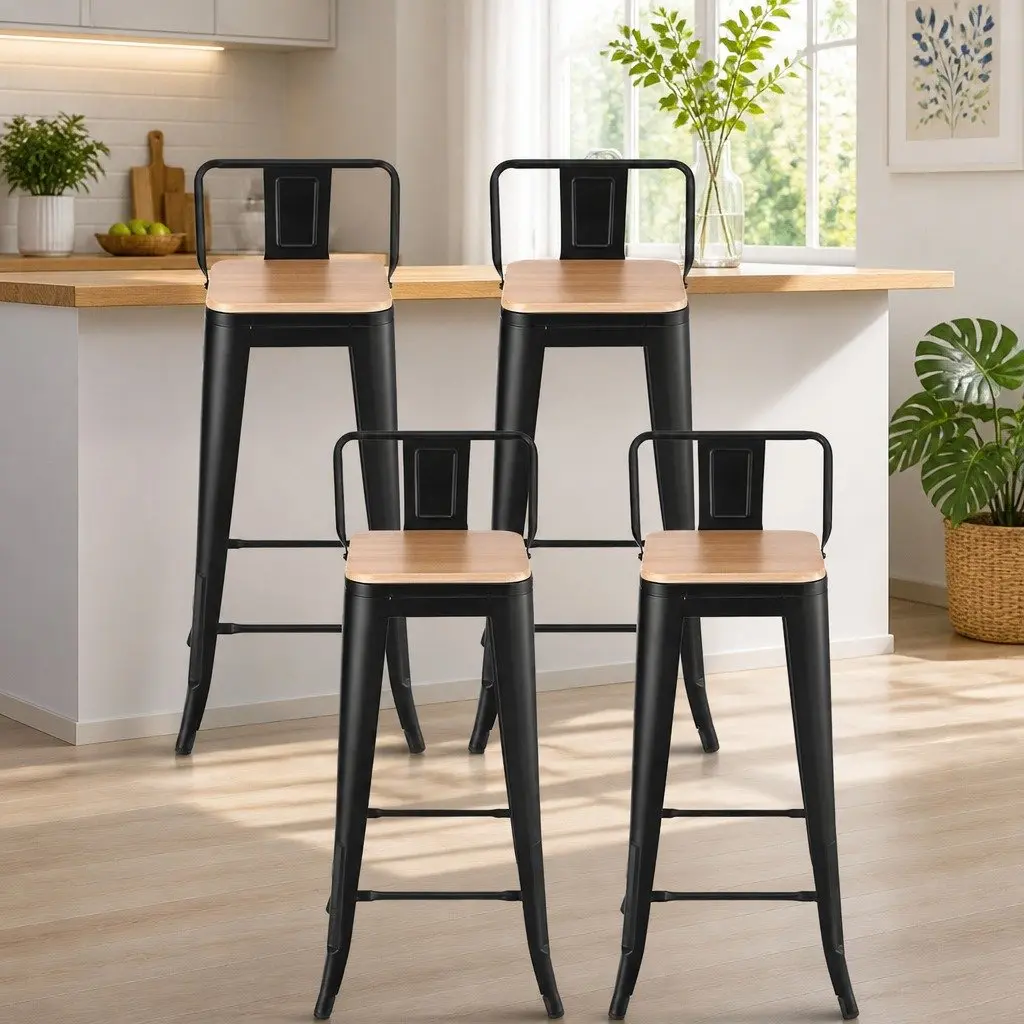 Bar Stools Stackable Metal Frame MDF Seat Kitchen Counter Height Black Pine 4 Piece