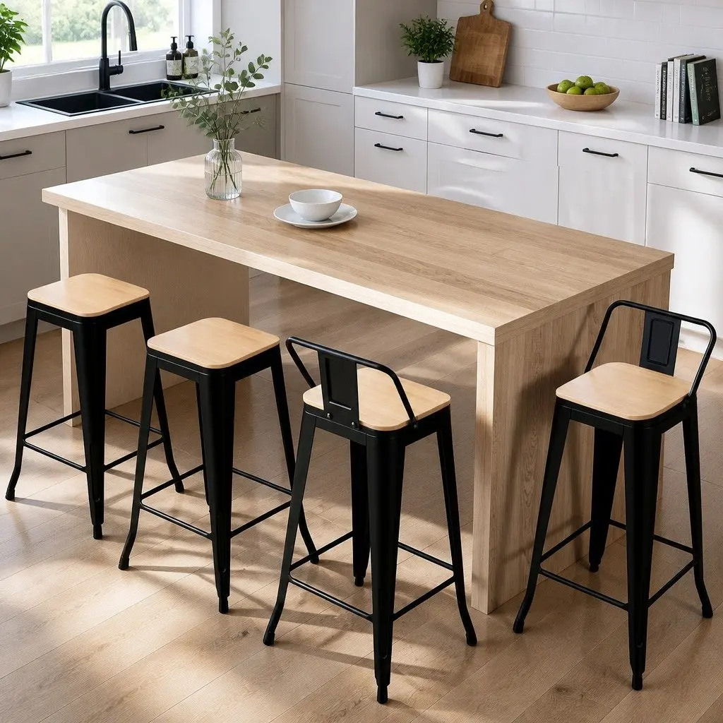 Bar Stools Stackable Metal Frame MDF Seat Kitchen Counter Height Black Pine 4 Piece