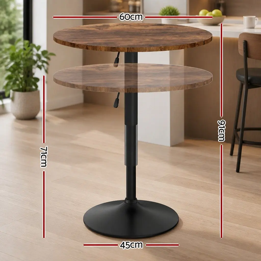 Height Adjustable Round Bar Table 60cm Swivel Gaslift Rustic Brown and Black