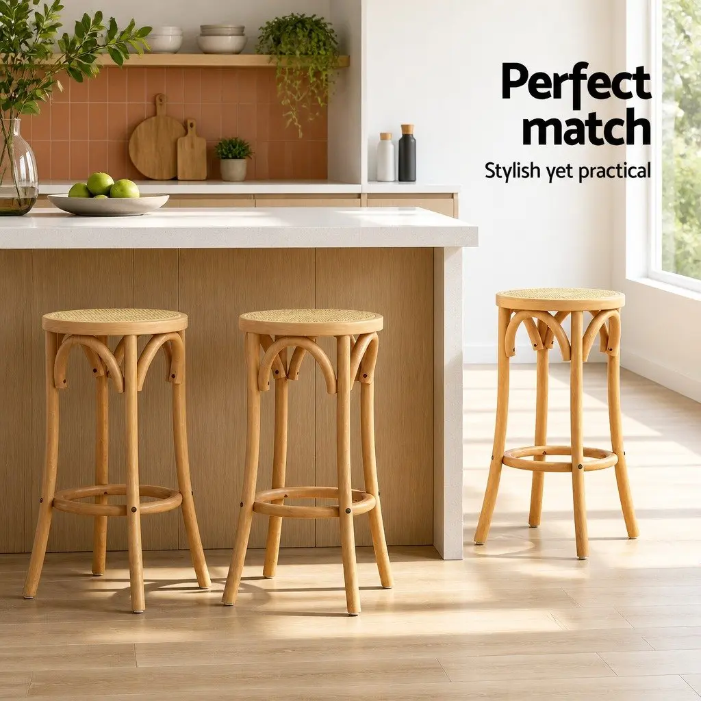Bar Stool Rattan Seat Wooden Frame 65cm Height Pine Colour