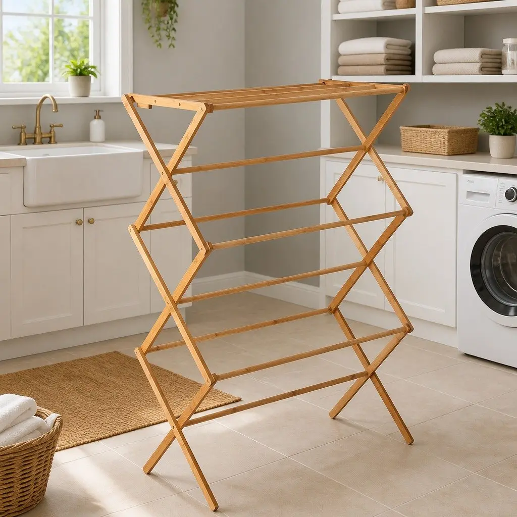 Bamboo Clothes Airer Foldable Drying Rack 11 Bars Natural