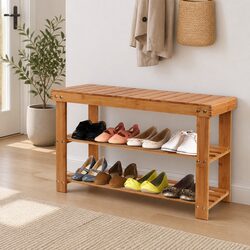 Bamboo Shoe Bench Rack Storage Organizer Seat 10 Pairs Natural Wood Entryway
