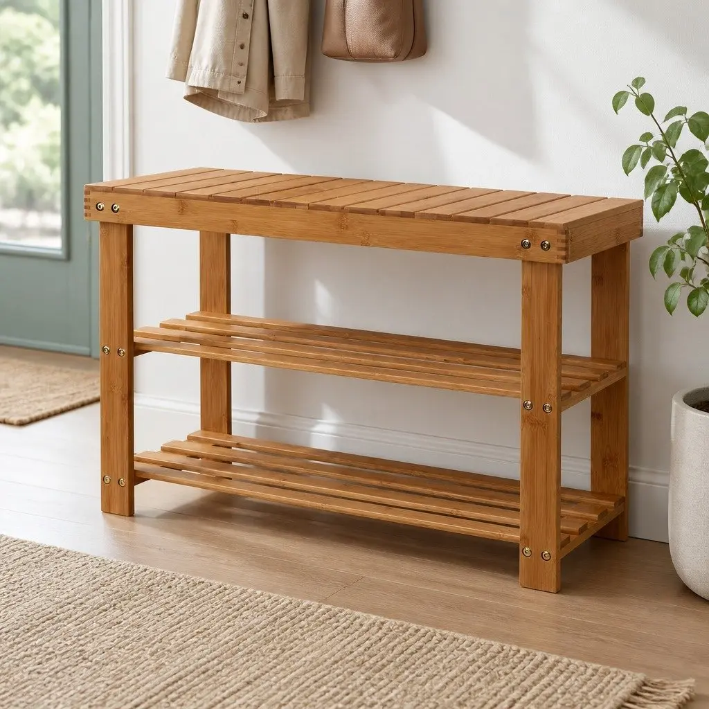 Bamboo Shoe Bench Rack Storage Organizer Natural Wood Entryway 70x28x46cm