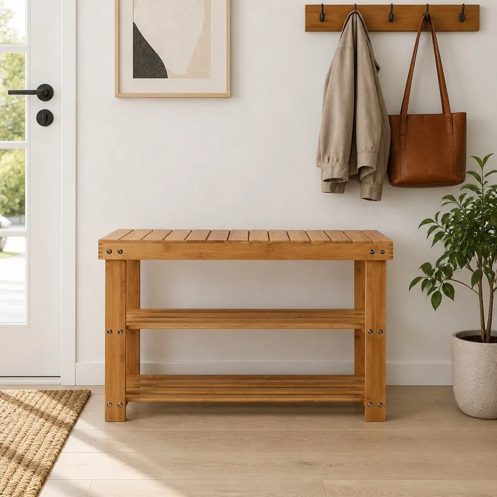 Bamboo Shoe Bench Rack Storage Organizer Natural Wood Entryway 70x28x46cm