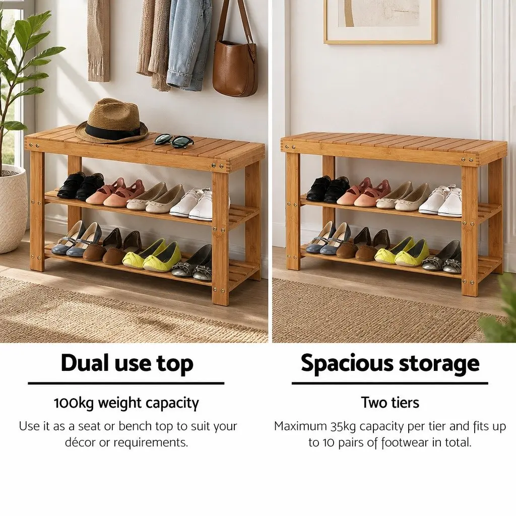 Bamboo Shoe Bench Rack Storage Organizer Natural Wood Entryway 70x28x46cm