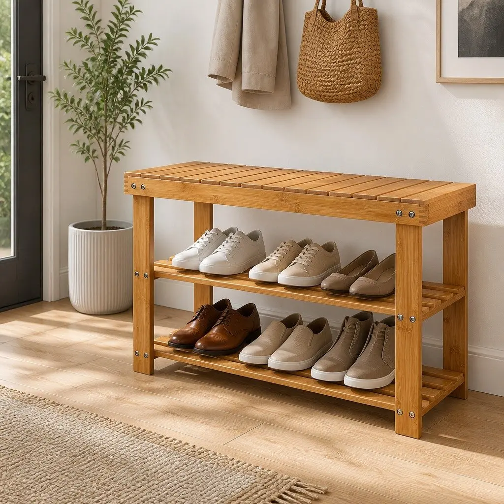 Bamboo Shoe Bench Rack Storage Organizer Natural Wood Entryway 70x28x46cm