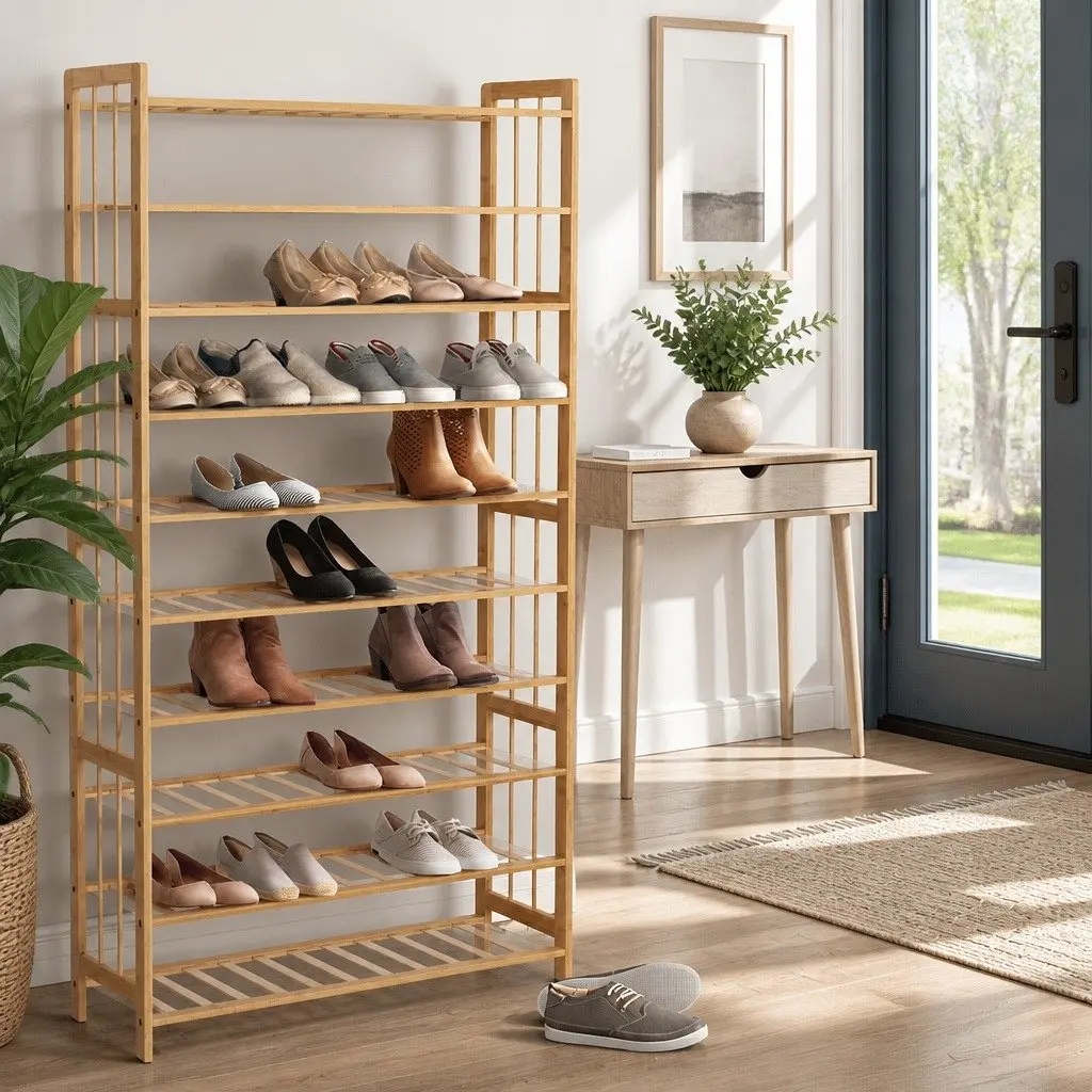Bamboo Shoe Rack 10-Tier Open Storage Organizer Natural