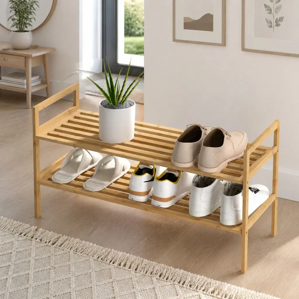 Shoe Rack Cabinet 2-Tier Storage Organiser Pine Wood Natural Bamboo 6 Pairs