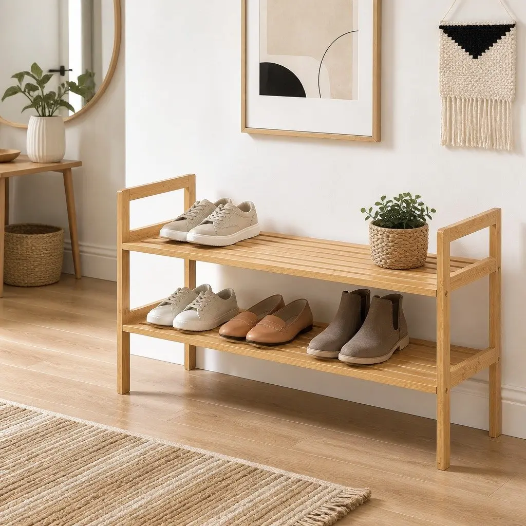 Shoe Rack Cabinet 2-Tier Storage Organiser Pine Wood Natural Bamboo 6 Pairs