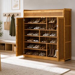 Shoe Rack Cabinet 7 Shelves Storage Cupboard Natural Bamboo Melamine 30 Pairs