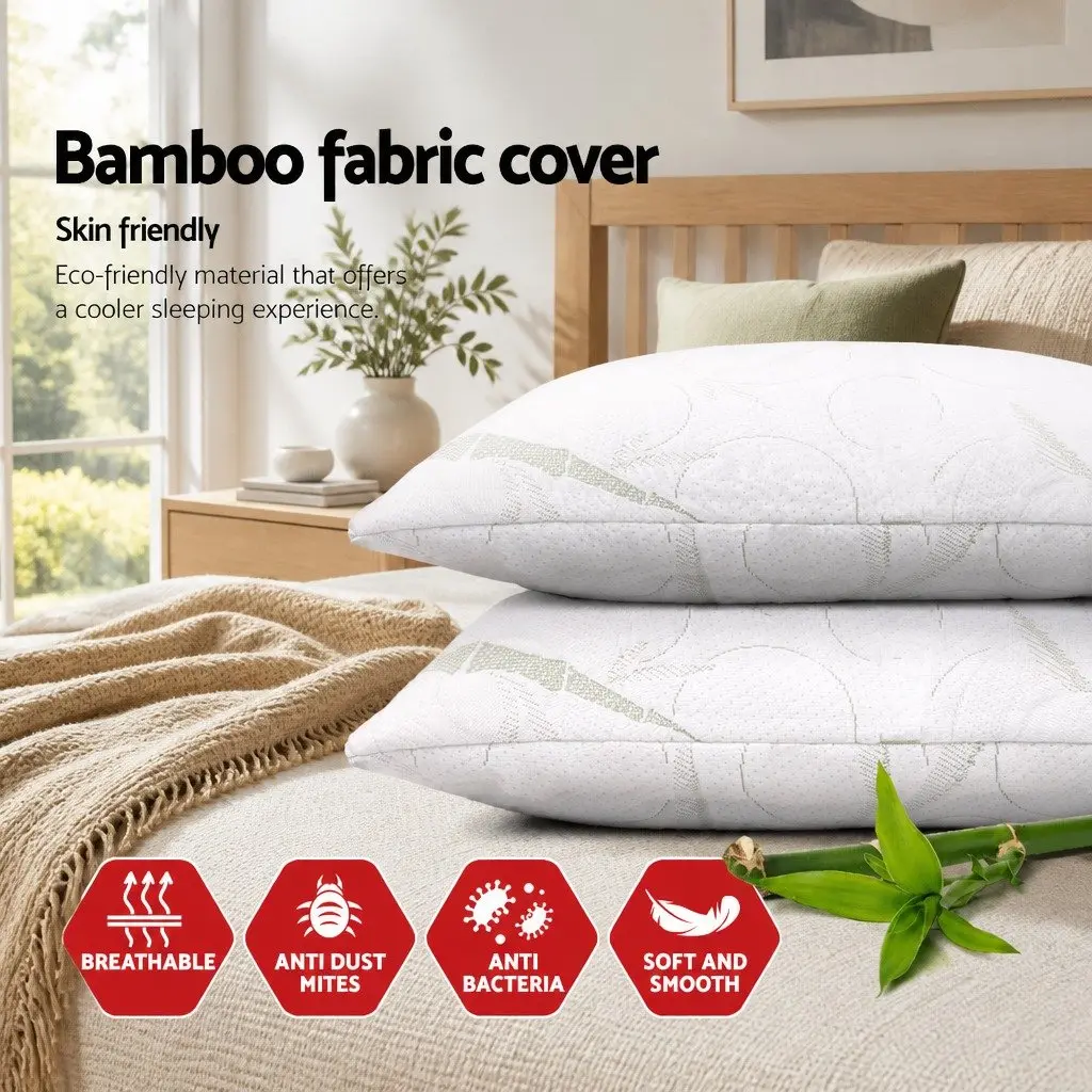 Memory Foam Pillow Bamboo Fabric Twin Pack 70x40cm White Shredded Foam