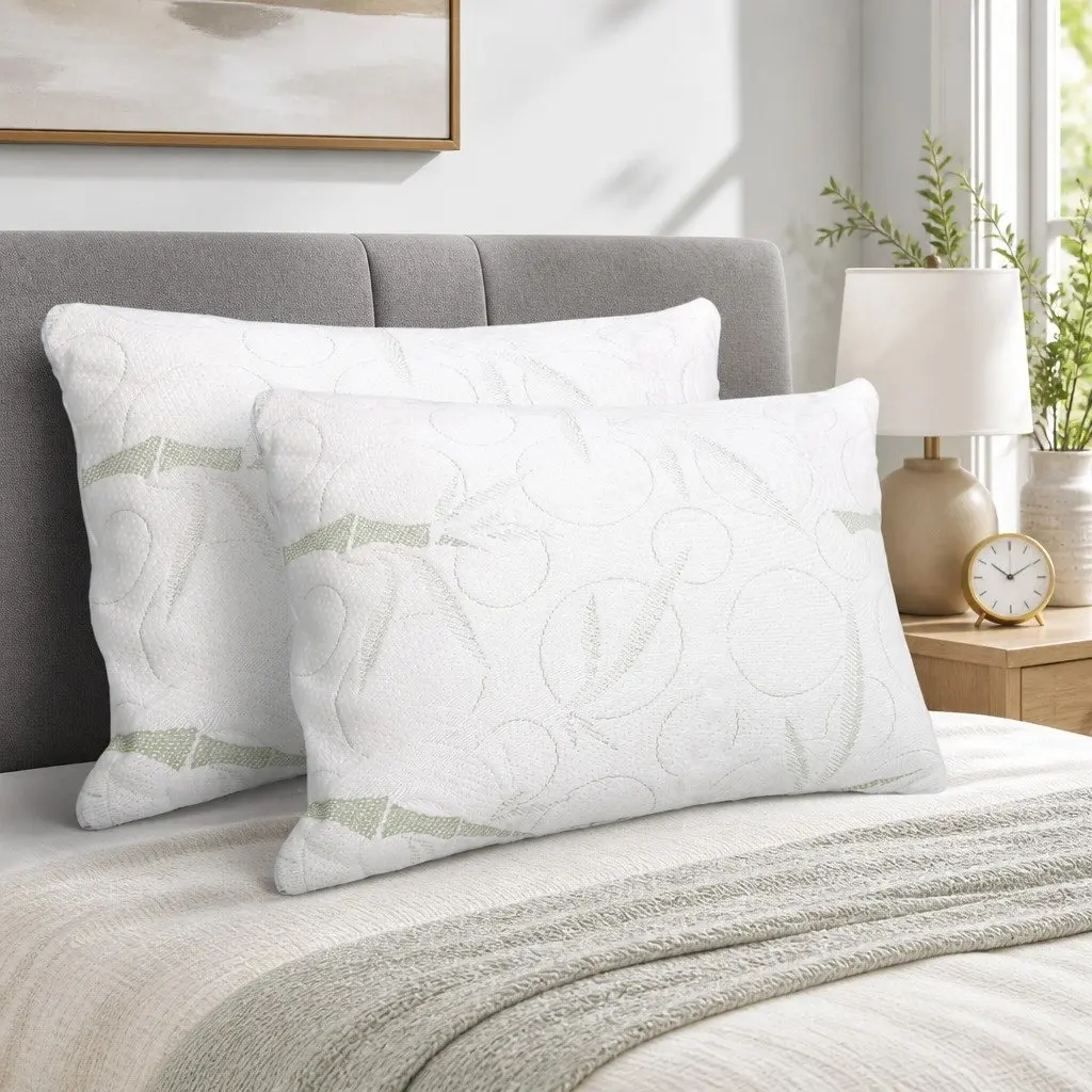 Memory Foam Pillow Bamboo Fabric Twin Pack 70x40cm White Shredded Foam