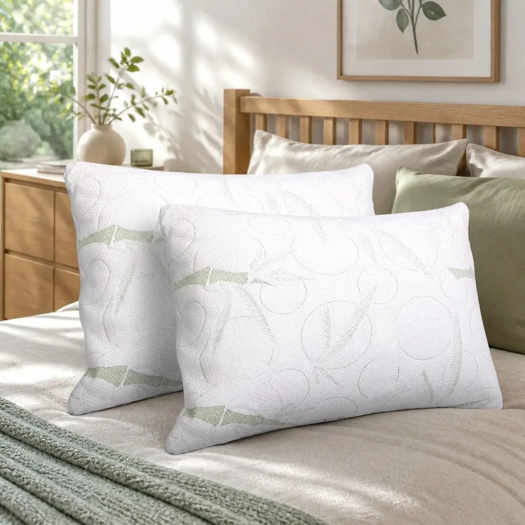 Memory Foam Pillow Bamboo Fabric Twin Pack 70x40cm White Shredded Foam