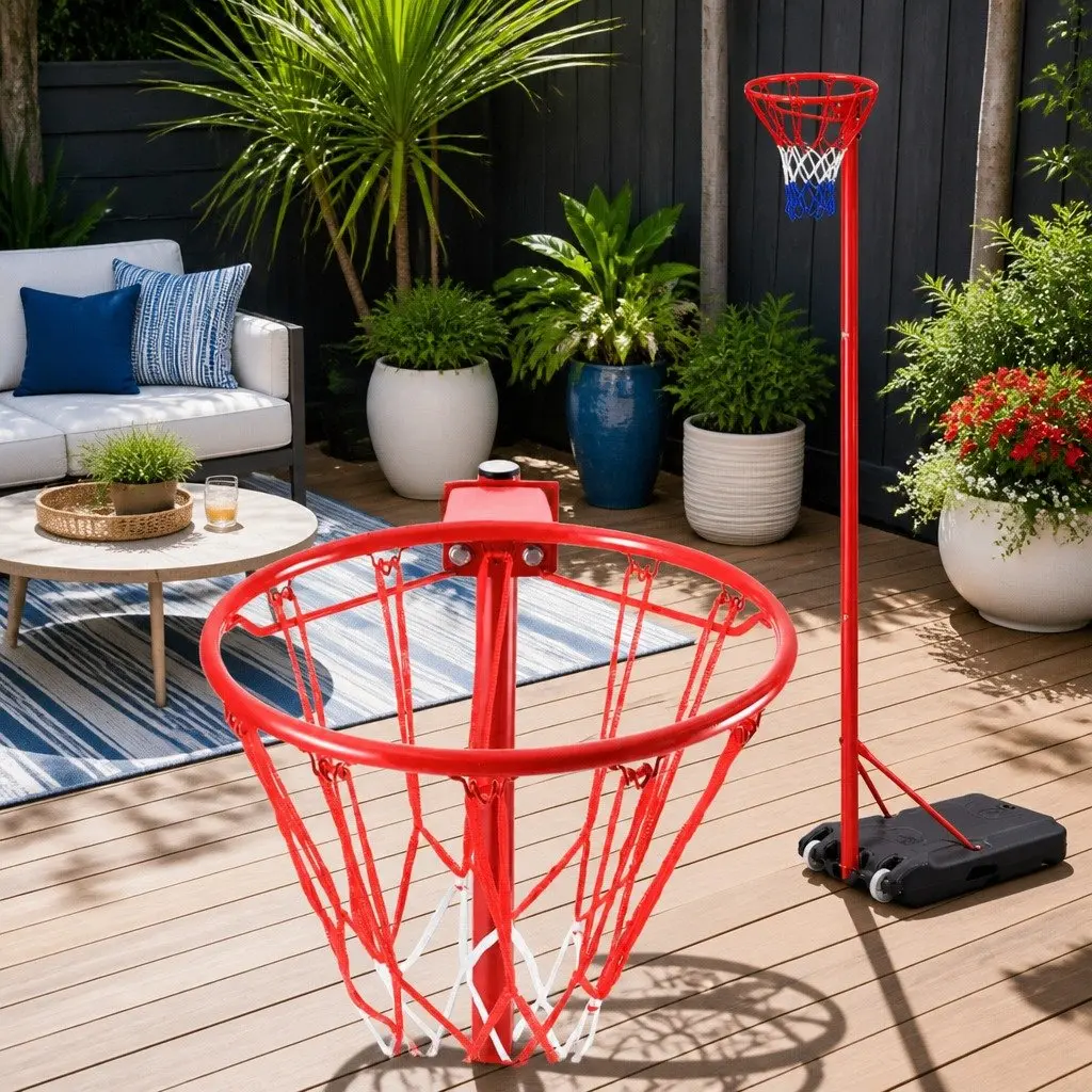 Netball Hoop Basketball Stand System Adjustable Height 2.4m to 3.05m Steel Frame Nylon Net