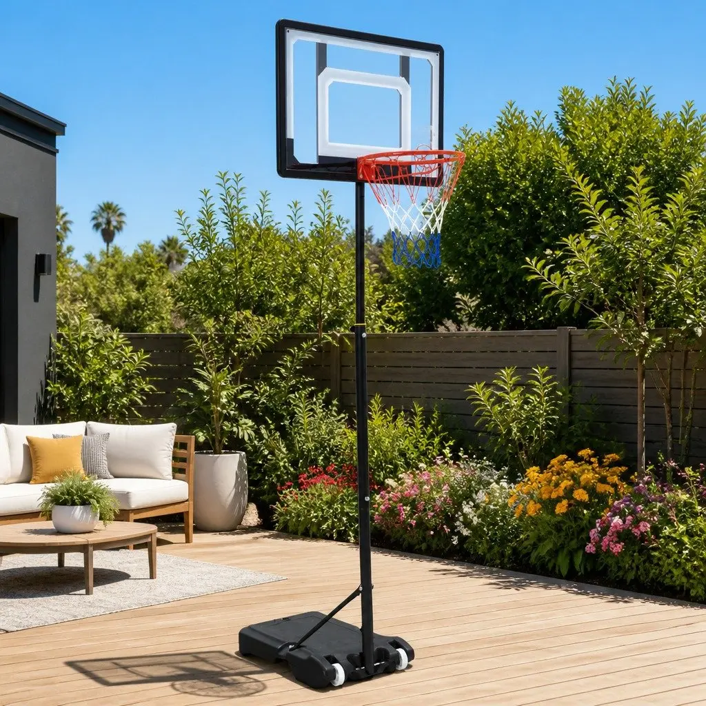 Basketball Hoop Stand System Adjustable Height 1.6m to 2.1m Portable Black Steel Frame with PVC Backboard