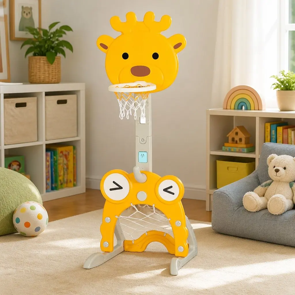 Kids Basketball Hoop Stand Adjustable Height 5-in-1 Sports Activity Centre Yellow