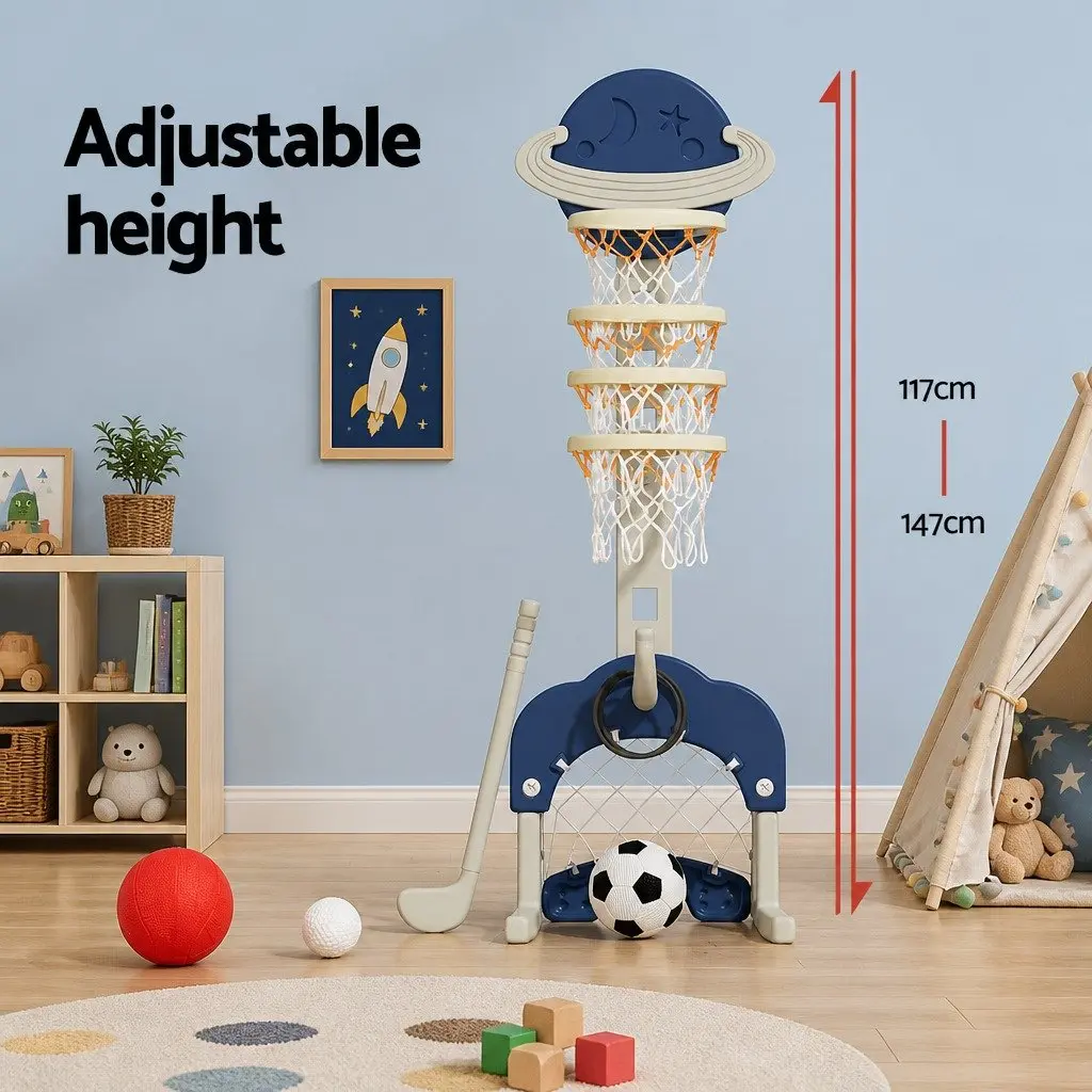 Kids Basketball Hoop Stand Adjustable Height 6-in-1 Sports Activity Center Blue