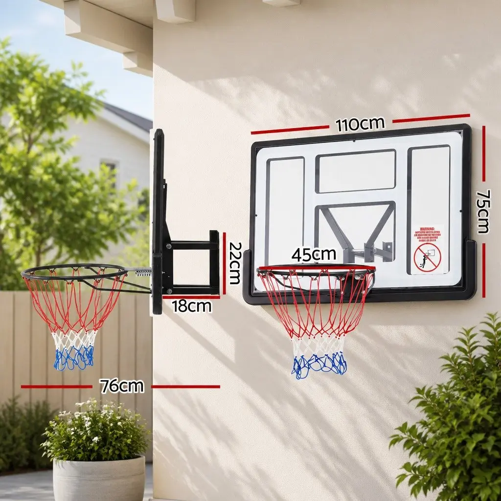 Wall Mount Basketball Hoop 43 Inch Polycarbonate Backboard Spring Loaded Rim Black White