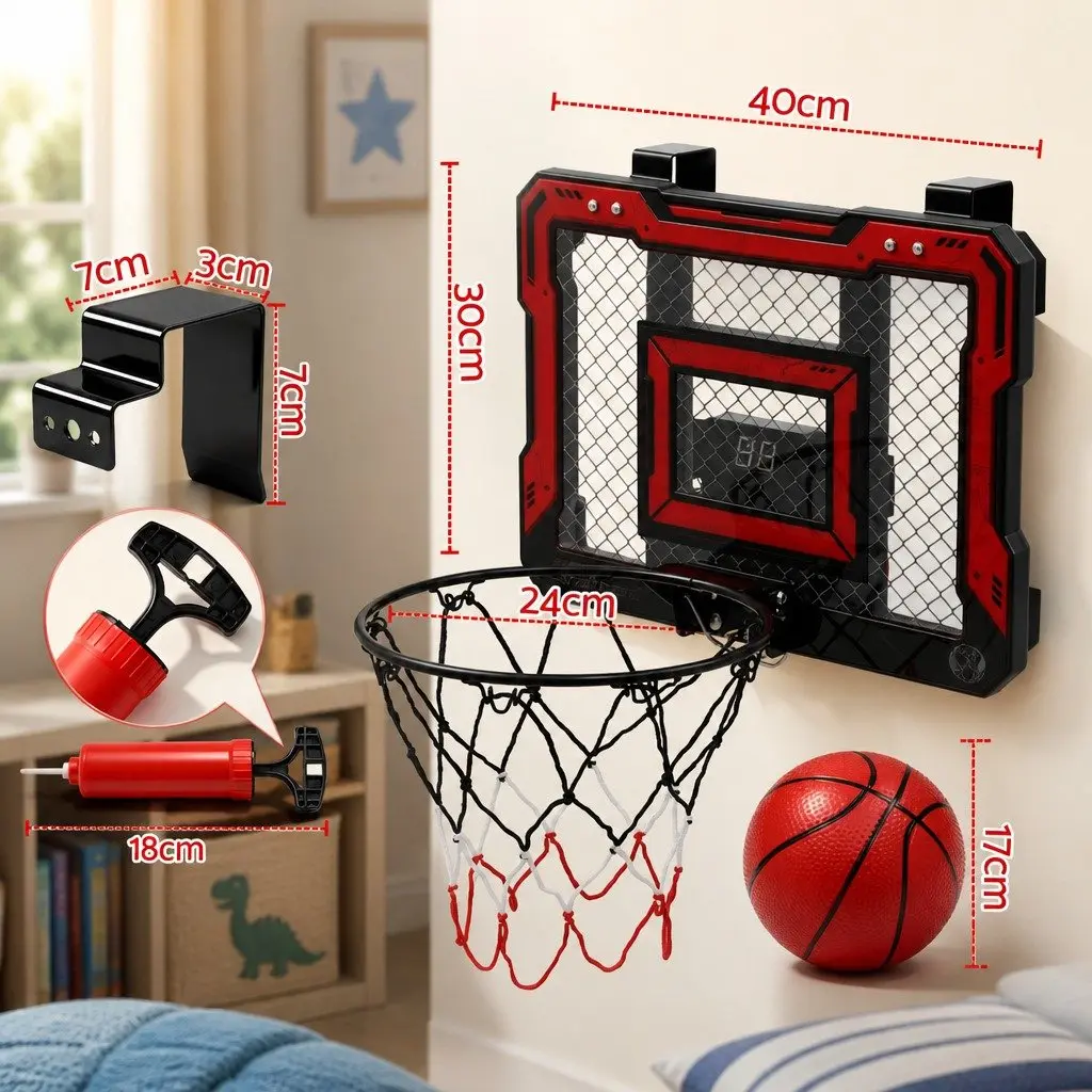 Mini Basketball Hoop Electronic Scoreboard Over Door Indoor 40x30cm Red
