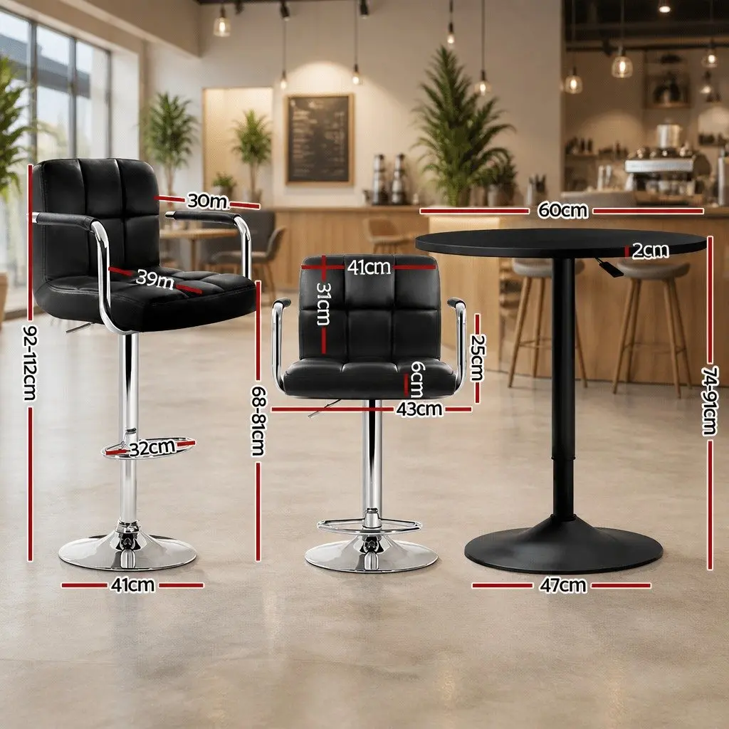 Bar Table and Stools Set Swivel Height Adjustable Black MDF Steel Furniture