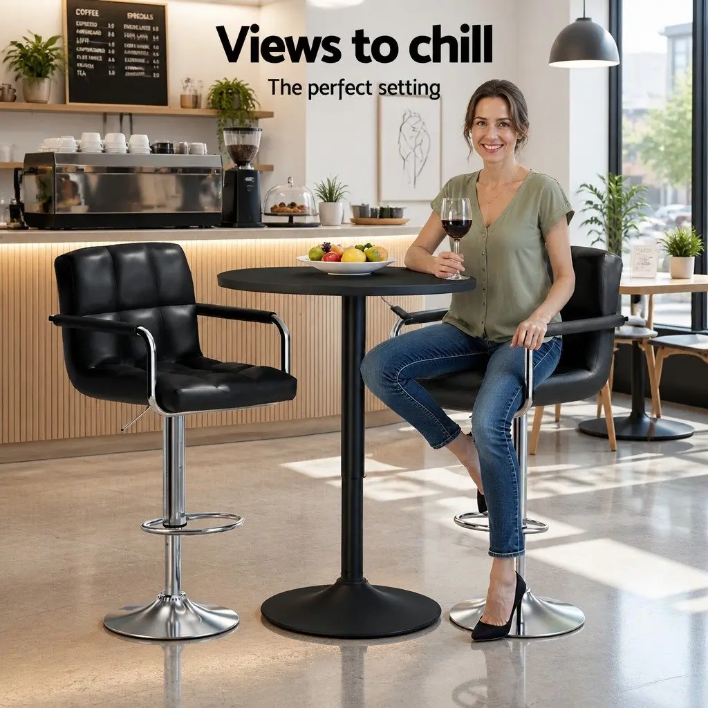 Bar Table and Stools Set Swivel Height Adjustable Black MDF Steel Furniture