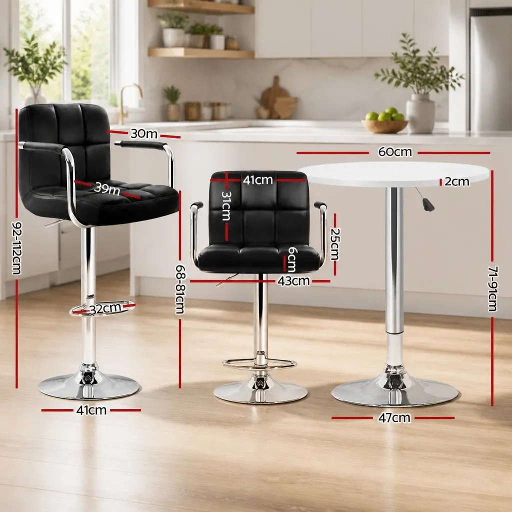 Bar Table and Stools Set Adjustable Swivel 60cm White MDF Steel Black PU Leather