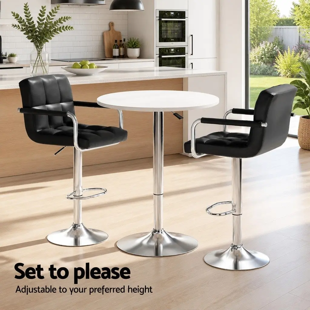 Bar Table and Stools Set Adjustable Swivel 60cm White MDF Steel Black PU Leather