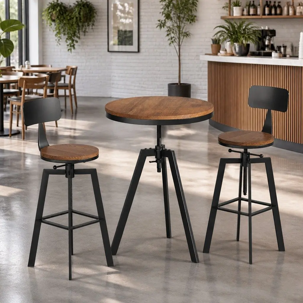 Bar Table and Stools Set Industrial Kitchen Dining Chairs Cafe Pub Swivel Stools