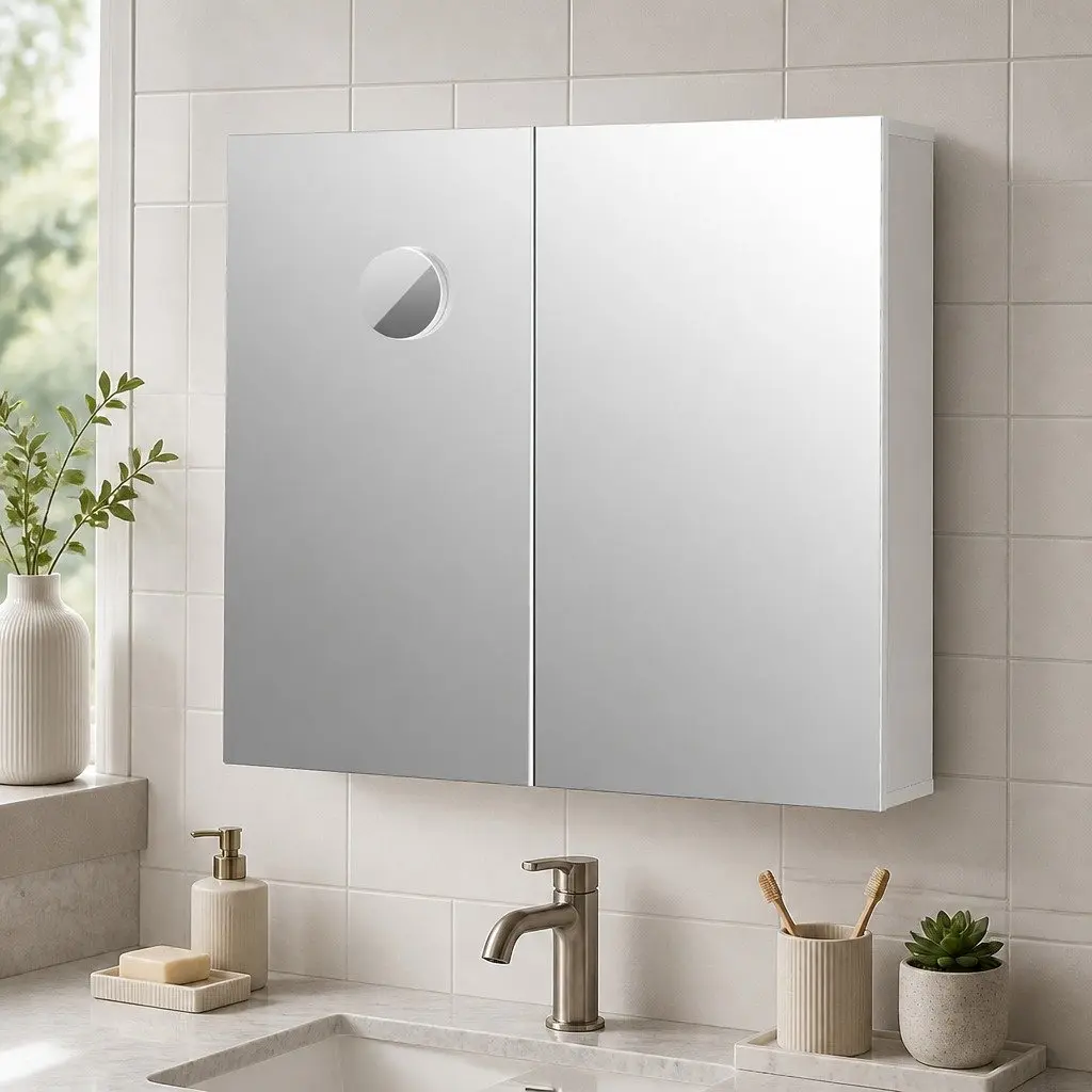Bathroom Mirror Cabinet Wall-Mounted 75CM with 5X Magnifying Mirror Adjustable Shelves White