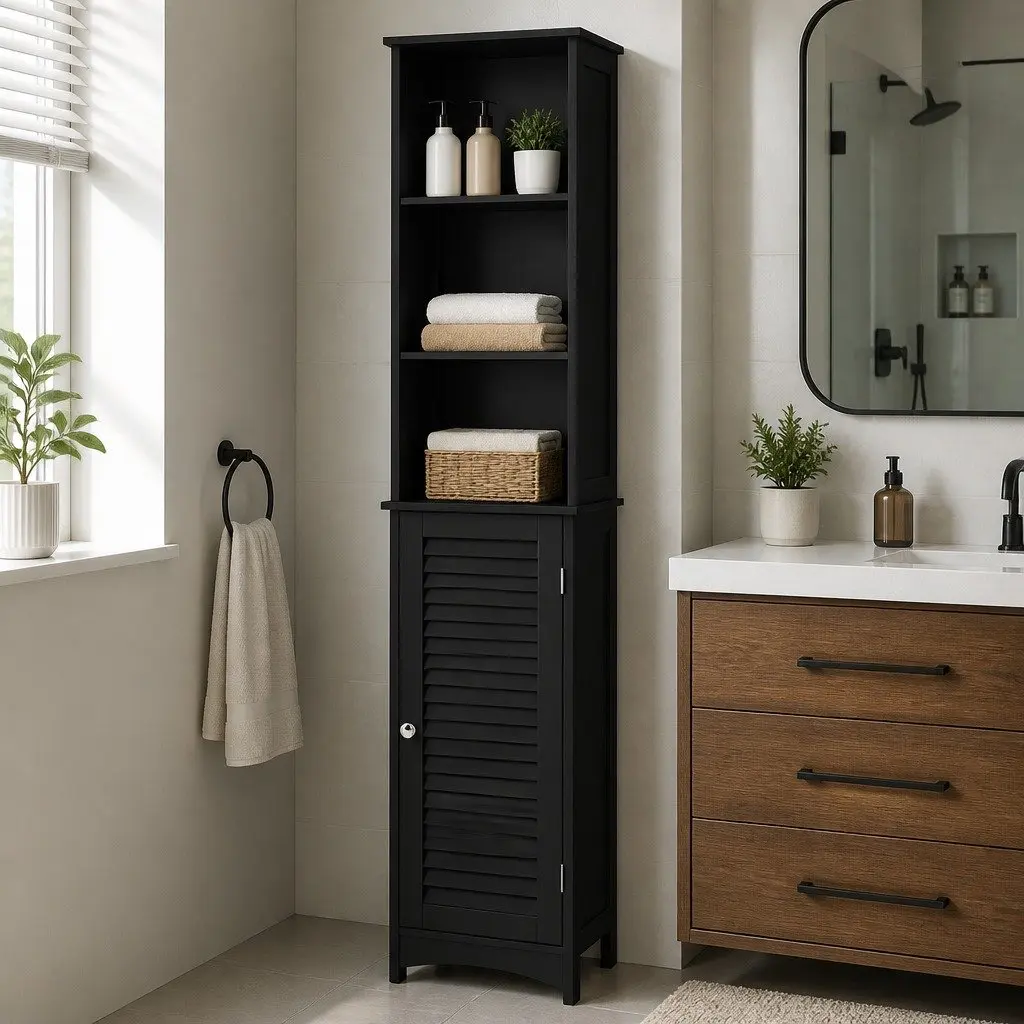 Tall Bathroom Storage Cabinet Freestanding 166cm Adjustable Shelves Black