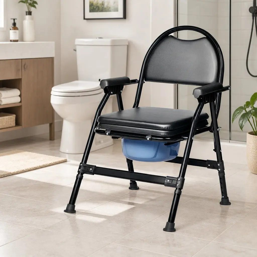 Commode Chair Toilet Aid Adjustable Height Waterproof Black for Elderly Pregnant Disability