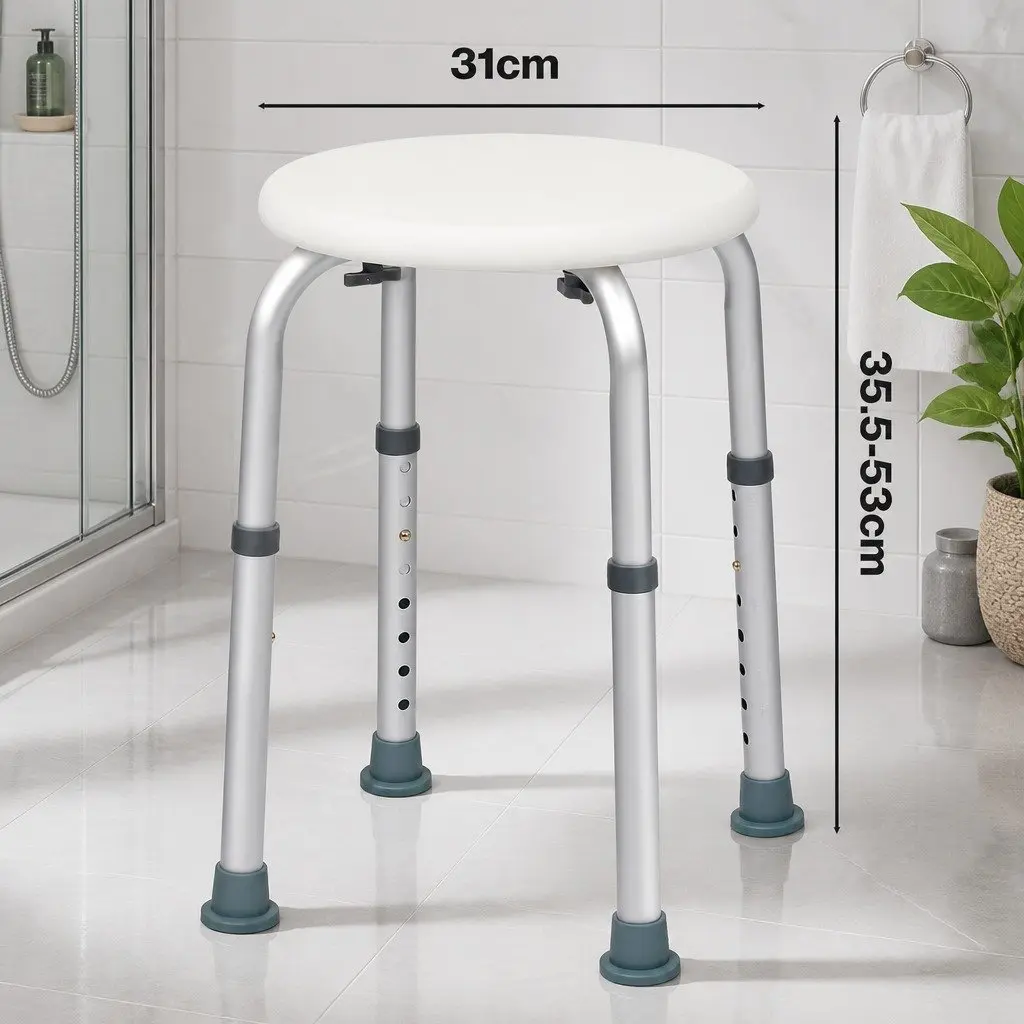 Adjustable Shower Chair Non Slip Safety Bath Stool Height 35-53cm White