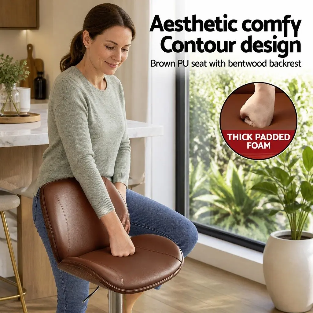 Bar Stools Adjustable Height Bentwood PU Leather Seat Brown Set of 4