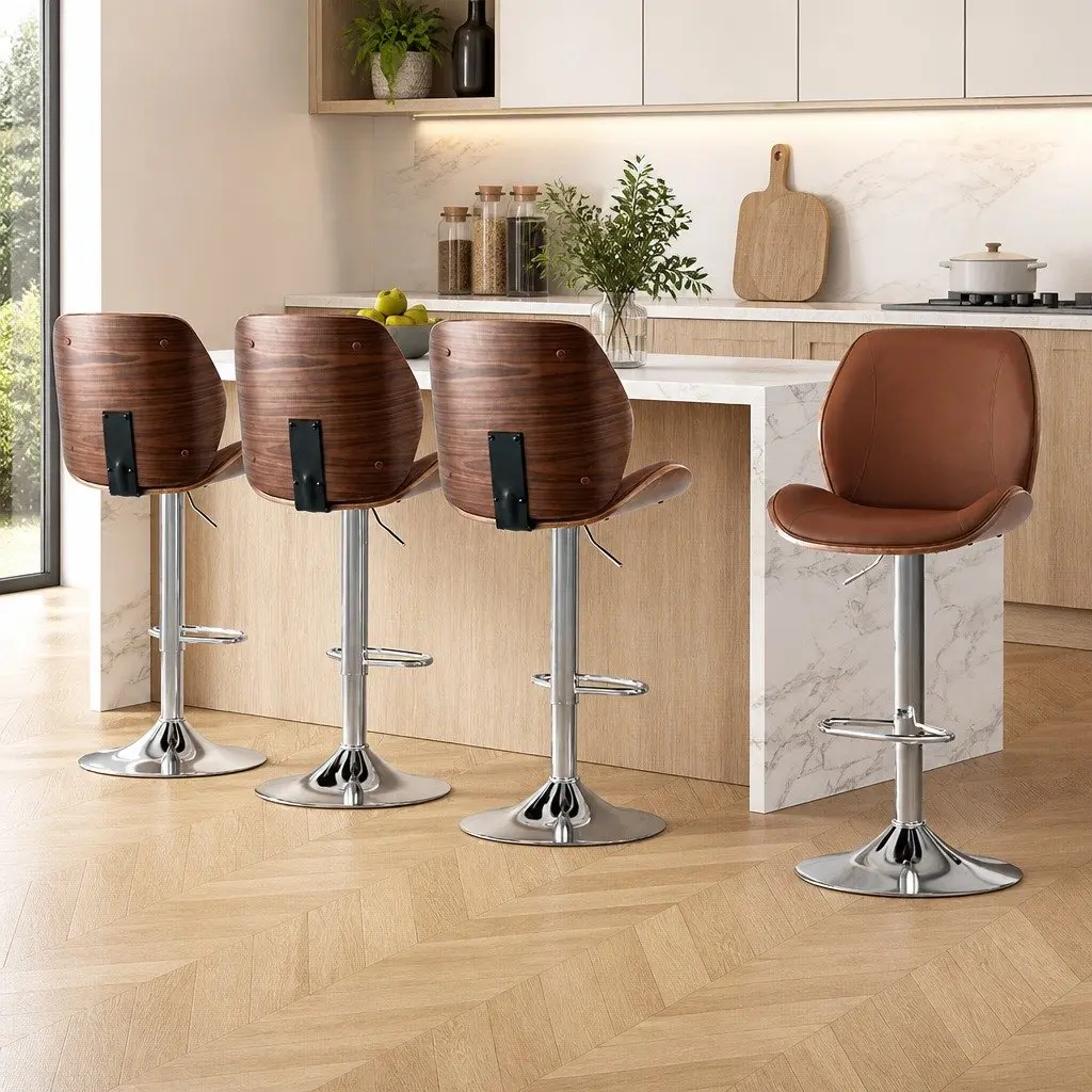 Bar Stools Adjustable Height Bentwood PU Leather Seat Brown Set of 4