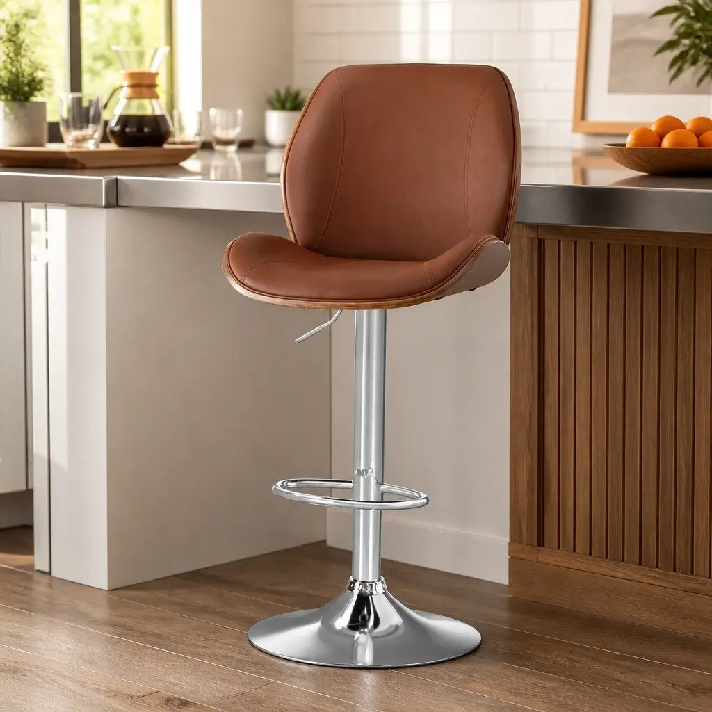 Bar Stool Bentwood Swivel Adjustable Kitchen Dining Counter Height Brown Leather