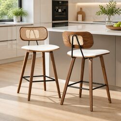 Bar Stools Set of 2 Kitchen Counter Chairs Rattan Backrest PU Leather Beige