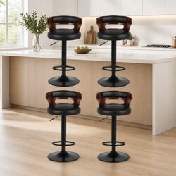 Bar Stools Gas Lift Set of 4 Black Padded Seat Swivel Kitchen Dining Chair