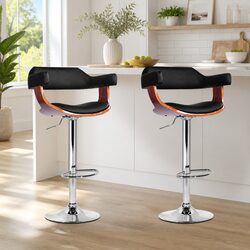 Bar Stools Gas Lift with Armrest Black PU Leather Padded Seat Swivel Dining
