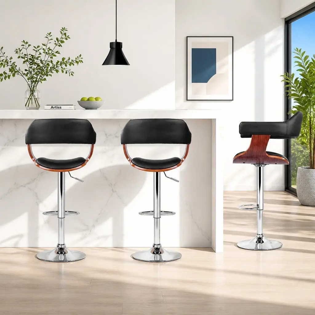 Bar Stools Gas Lift Swivel Adjustable Height Black PU Leather Padded Seat