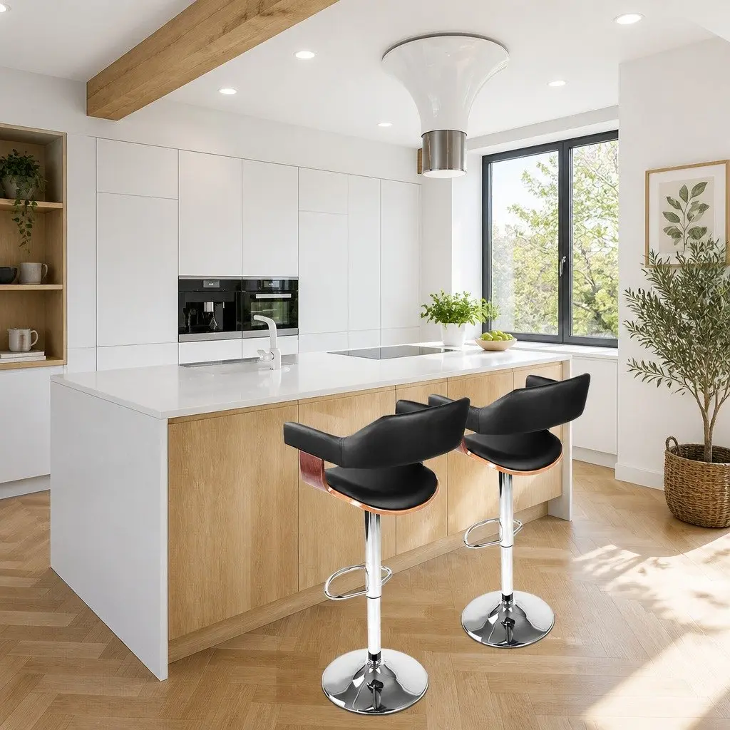Bar Stools Gas Lift Swivel Chair Black PU Leather Padded Seat Chrome Base