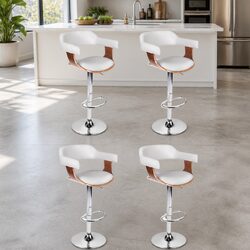 Bar Stools Gas Lift Height Adjustable Swivel Seat White Armrest Chrome Base x4
