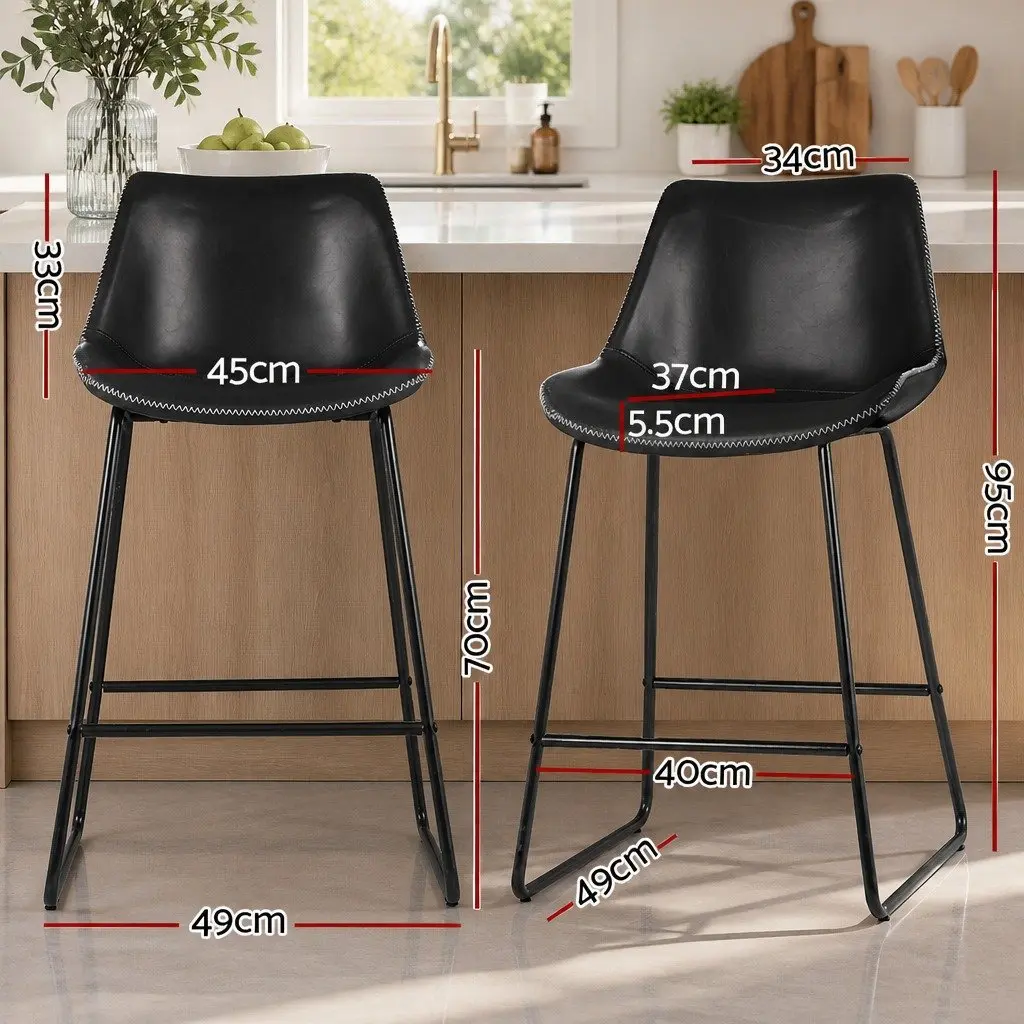Bar Stools Set of 2 PU Leather Black Kitchen Counter Chairs Metal Frame