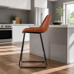 Bar Stools Kitchen Counter Chairs Brown Set of 2 PU Leather Metal Steel Frame